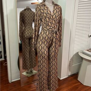 Tan Black Snakeskin Flare Jumpsuit with Belt Small